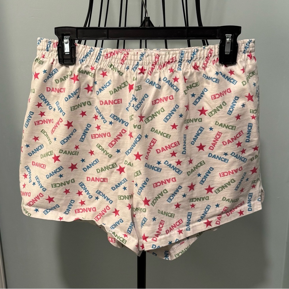 Soffe Dance! White cotton shorts Pink, Blue, & Green design Stars Extra Large XL